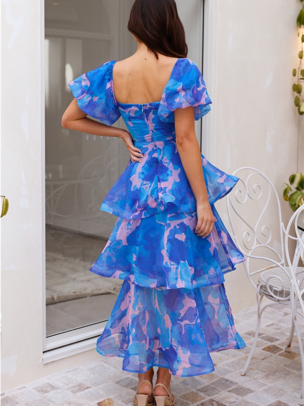 NWT Hello Molly Blue & Pink Organza Cutout Tiered Midi Dress | US 8 - Picture 4 of 16